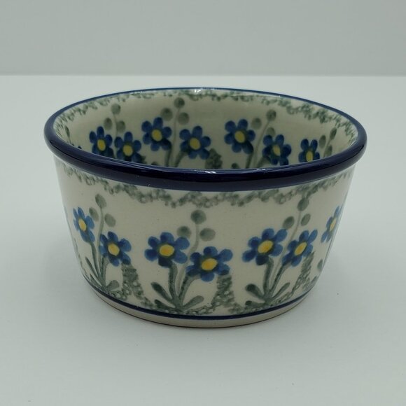 Polish Pottery Small Blue Daisy Circle Bowl Blue Floral Ramekin Trinket Dish - Picture 1 of 5